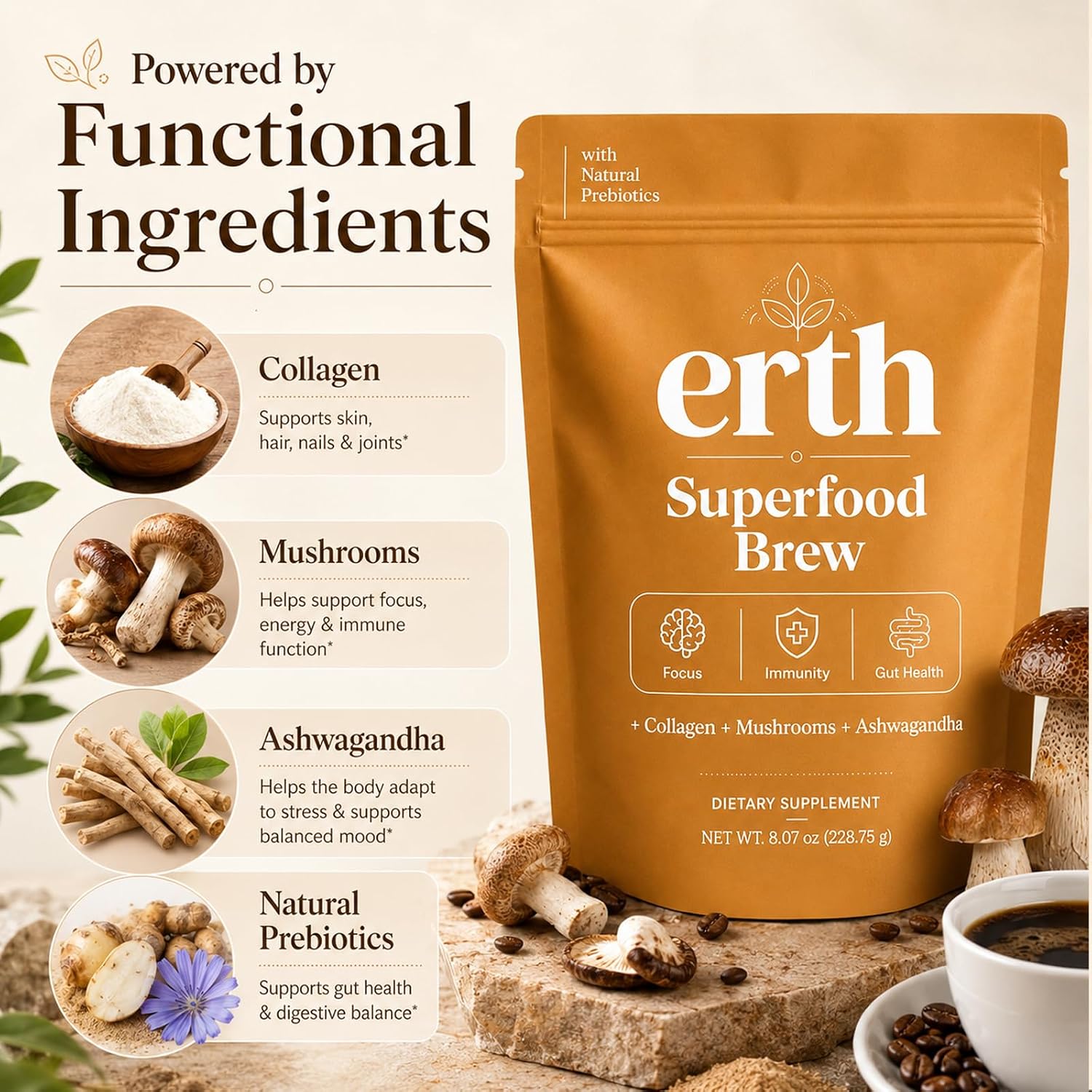Earth Superfood Brew Coffee, with Collagen Mushroom Ashwagandha Support Focus, Gut Health Formula Instant Coffee 8.07 Oz