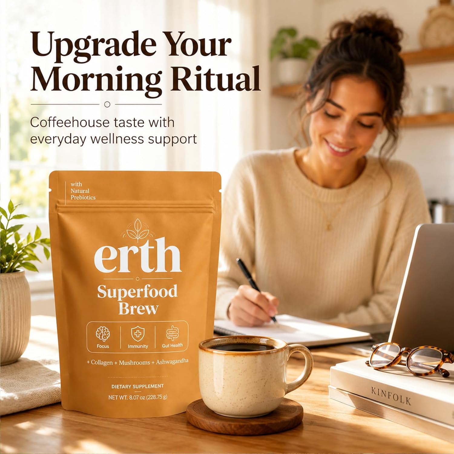 Earth Superfood Brew Coffee, with Collagen Mushroom Ashwagandha Support Focus, Gut Health Formula Instant Coffee 8.07 Oz