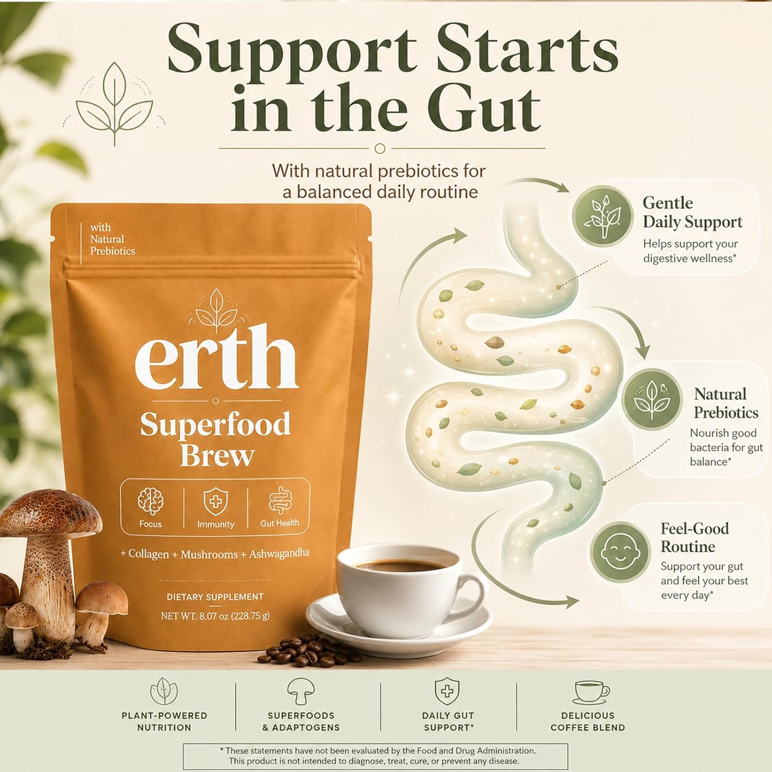 Earth Superfood Brew Coffee, with Collagen Mushroom Ashwagandha Support Focus, Gut Health Formula Instant Coffee 8.07 Oz