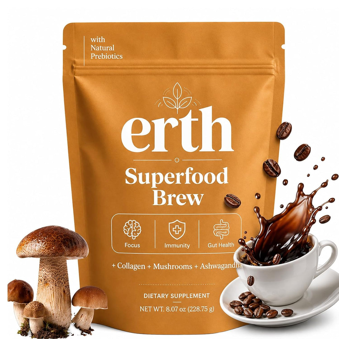 Earth Superfood Brew Coffee, with Collagen Mushroom Ashwagandha Support Focus, Gut Health Formula Instant Coffee 8.07 Oz