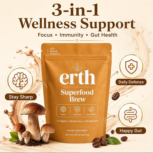Earth Superfood Brew Coffee, with Collagen Mushroom Ashwagandha Support Focus, Gut Health Formula Instant Coffee 8.07 Oz